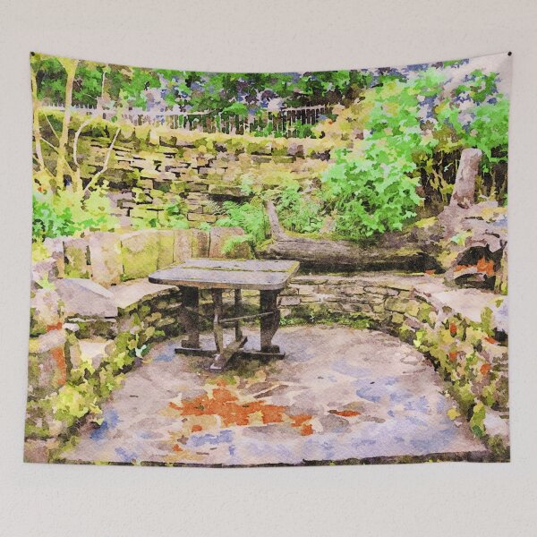 Item preview, Serene garden patio with stone seating and lush greenery designed and sold by GestaltImagery.