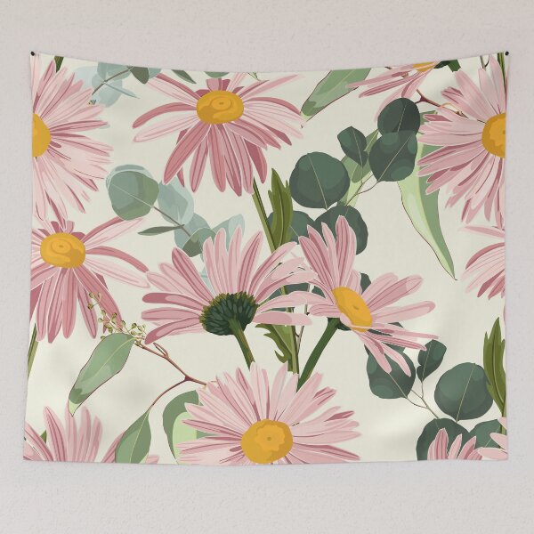 Item preview, Elegant floral pattern with hand draw pink daisy camomile flowers and eucalyptus. designed and sold by MatyKotiv.