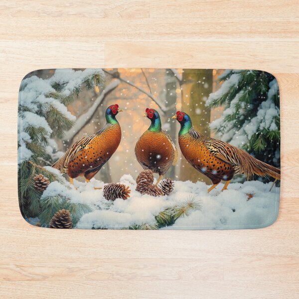 Item preview, Common Pheasants in snow at sunrise in forest - Wildlife photo designed and sold by TheArtistOf2022.