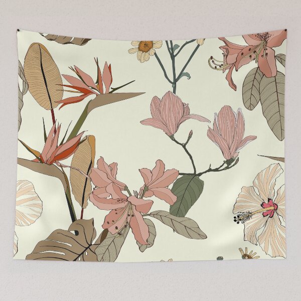 Item preview, Vintage colors seamless tropical pattern with colorful garden flowers and magnolia on white background. designed and sold by MatyKotiv.