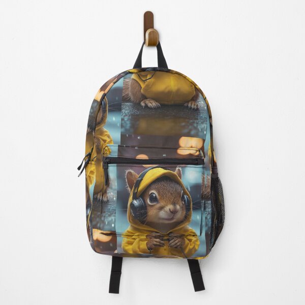 Item preview, Cute squirrel in a hoodie with headphones on a rainy night designed and sold by CreativeLarysa.