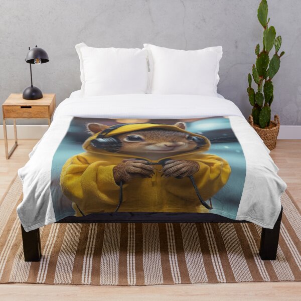 Aperçu de l'œuvre Écureuil mignon avec un sweat à capuche et des écouteurs par une nuit pluvieuse créée et vendue par CreativeLarysa.