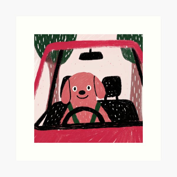 Item preview, cute dog driving a red car designed and sold by ArtZombieStore.