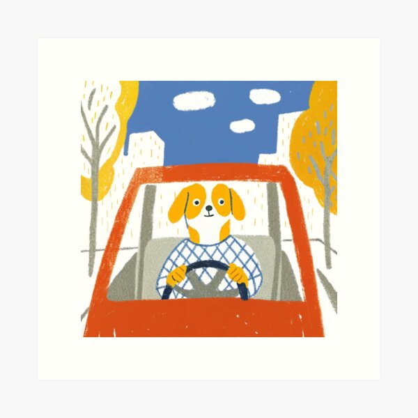Item preview, cute dog driving a red car designed and sold by ArtZombieStore.