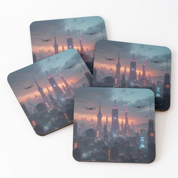 Item preview, Dystopian Skyline with AI Surveillance & Holograms designed and sold by rajasekhark.