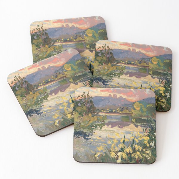 Item preview, Warm Sunset over French Lake – Impressionist Landscape with Yellow Irises designed and sold by CARRAANN.