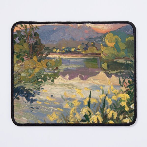 Aperçu de l'œuvre Coucher de soleil chaleureux sur le lac français – Paysage impressionniste avec iris jaunes créée et vendue par Carraann .