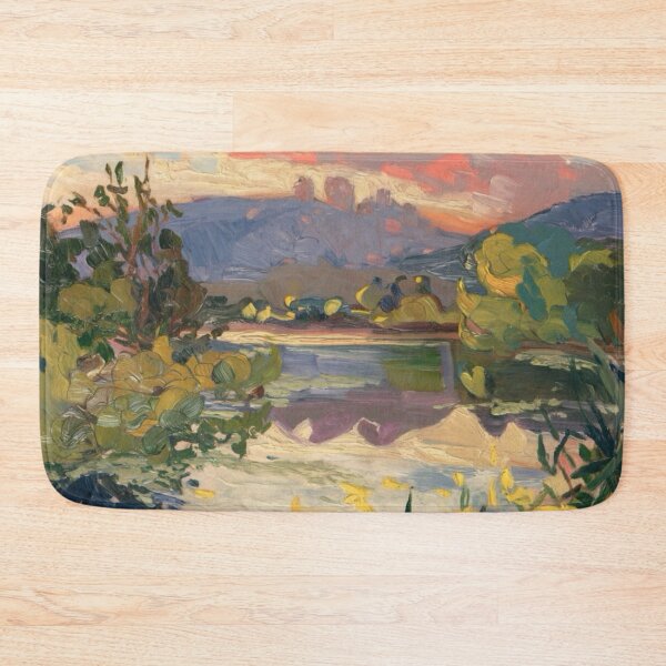 Item preview, Warm Sunset over French Lake – Impressionist Landscape with Yellow Irises designed and sold by CARRAANN.