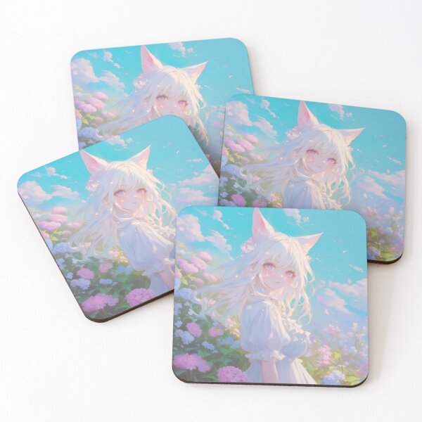 Item preview, Elegant White-Haired Fox Girl in a Flower Field – Dreamy Fantasy Anime Art designed and sold by Kawai Anime Shop.
