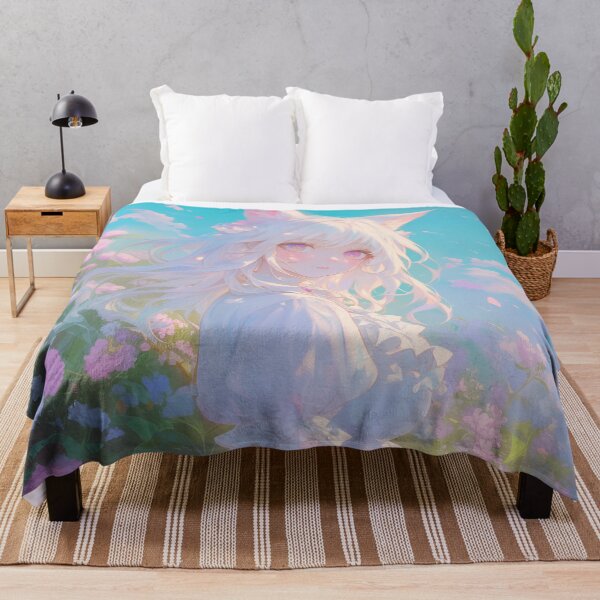 Item preview, Elegant White-Haired Fox Girl in a Flower Field – Dreamy Fantasy Anime Art designed and sold by Kawai Anime Shop.