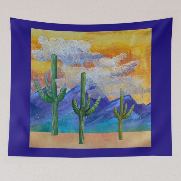 Item preview, Collage of pencil sketched Cacti, water color Mountains, and acrylic rain clouds with Golden Sky. designed and sold by Uplifting Vib'n Design and Decor .