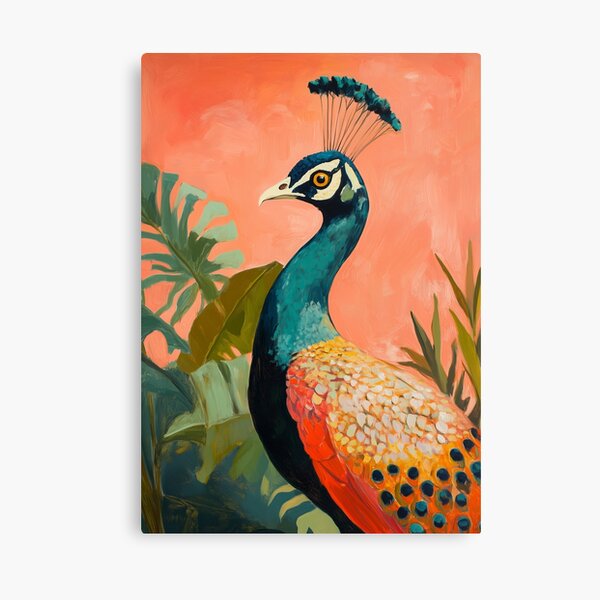 Item preview, Peacock oil painting, Tropical art, orange background designed and sold by XYZnewDesigns.