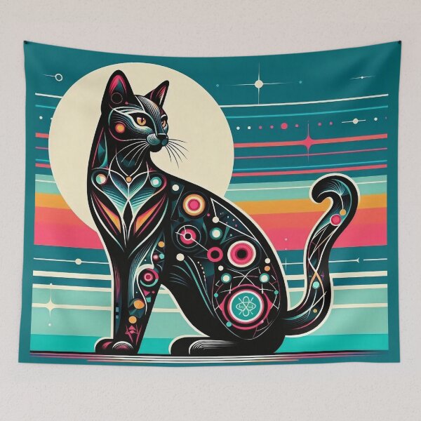 Item preview, Atomic Black Cat with a Curled Tail MCM Kitty, Mid Century Kitten, Moon, outspace, Strips, Catitude designed and sold by TheTimeTaxi.
