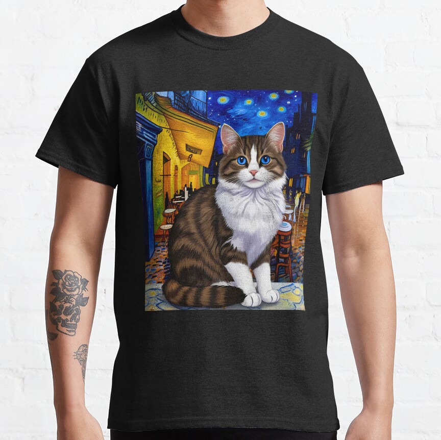 Ragamuffin Cat In Van Gogh’S Café Terrace At Night – A Whimsical Art Fusion Classic T-Shirt