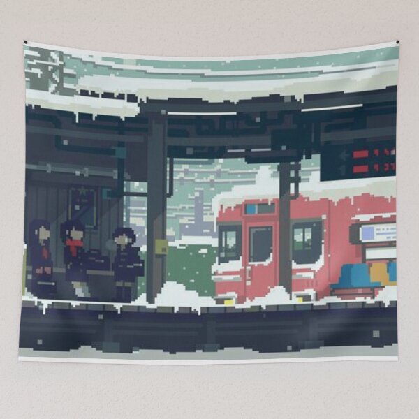 Item preview, Pixel Art Snowy Railway Station with Waiting Commuters designed and sold by darkskinbender.