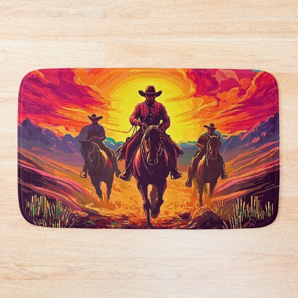 Aperçu de l'œuvre Retro vibes Pixelated Western Sunset Riders créée et vendue par JoshOohAhhLand.