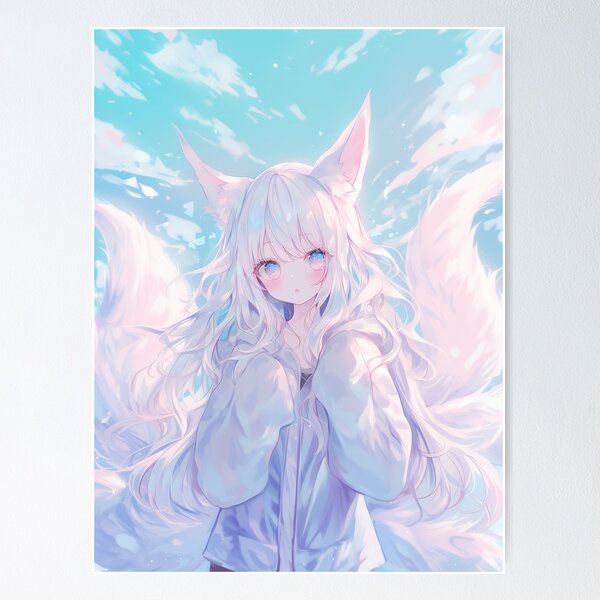 Item preview, Mystical White-Haired Fox Girl with Fluffy Tails – Dreamy Fantasy Anime Art designed and sold by Kawai Anime Shop.