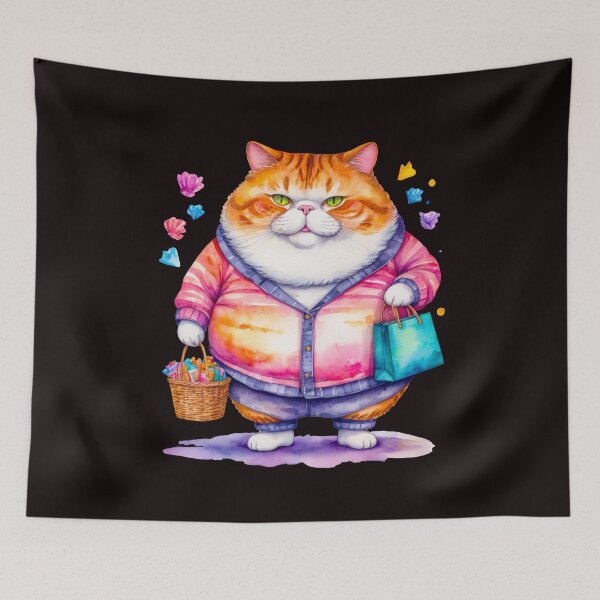 Item preview, Gato gordo sosteniendo una cesta de la compra y bolsas de papel designed and sold by paiteen09.