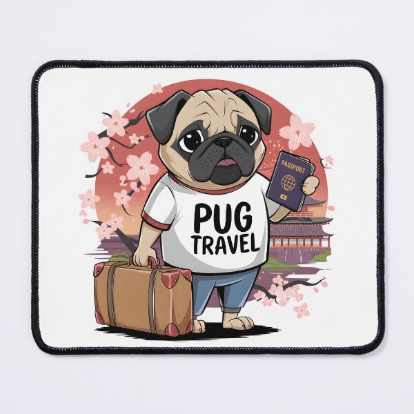 Item preview, An illustration of a pug wearing a t-shirt with the text "Pug Travel". The pug is holding a suitcase and a passport. The background is a Japanese animated theme with cherry blossoms and a temple designed and sold by Snifferius.