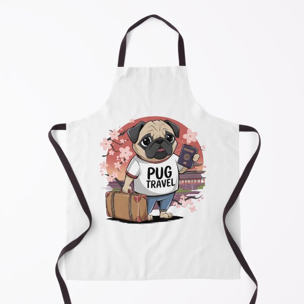Item preview, An illustration of a pug wearing a t-shirt with the text "Pug Travel". The pug is holding a suitcase and a passport. The background is a Japanese animated theme with cherry blossoms and a temple designed and sold by Snifferius.