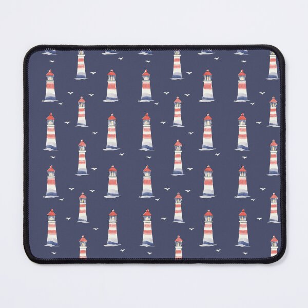 Item preview, watercolour lighthouses on blue background designed and sold by PoppyLaneStudio.