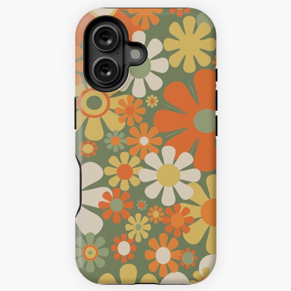 Aperçu de l'œuvre Fleurs de jardin rétro groovy motif floral des années 60 et 70 en vert sauge moussu orange jaune créée et vendue par kierkegaard.