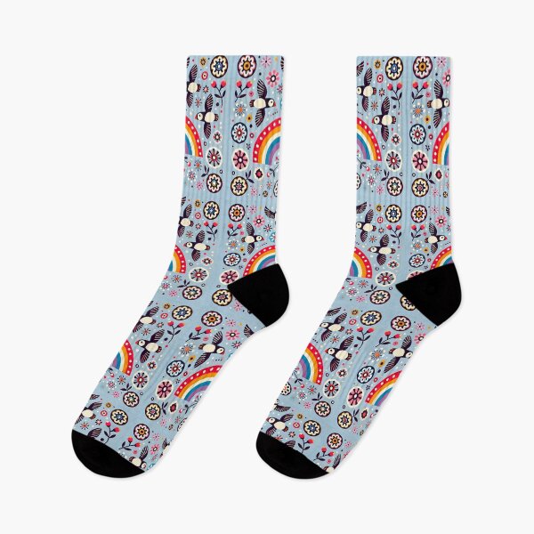 Item preview, Scandinavian Folk Art Flying Puffins – Light Blue & Rainbow by heidiannemorris designed and sold by FOLK ART FUSION by heidiannemorris.