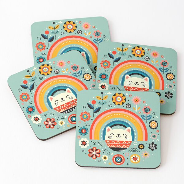 Item preview, Scandinavian Folk Art Cute Smiling Cat – Rainbow and Flowers by heidiannemorris designed and sold by FOLK ART FUSION.