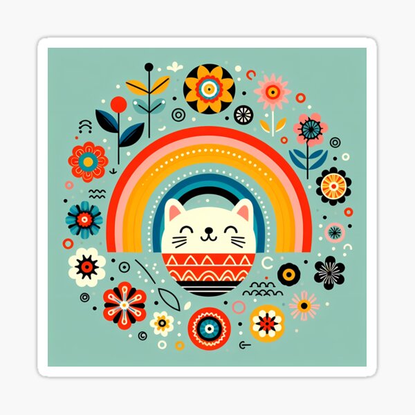 Item preview, Scandinavian Folk Art Cute Smiling Cat – Rainbow and Flowers by heidiannemorris designed and sold by FOLK ART FUSION by heidiannemorris.