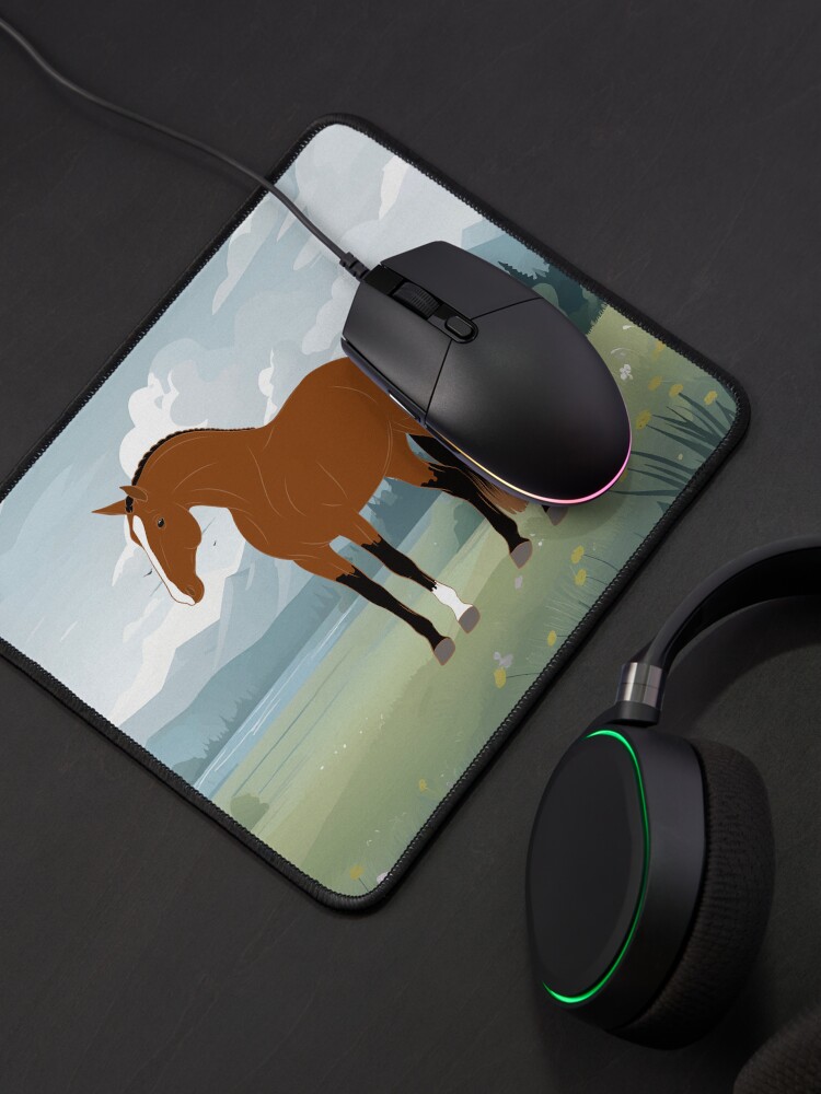 Aperçu 4 sur 5. Tapis de souris avec l'œuvre Cheval Alter Real, cheval bai sur un fond de paysage, cheval ibérique, races de chevaux du Portugal créée et vendue par WebEquitation.