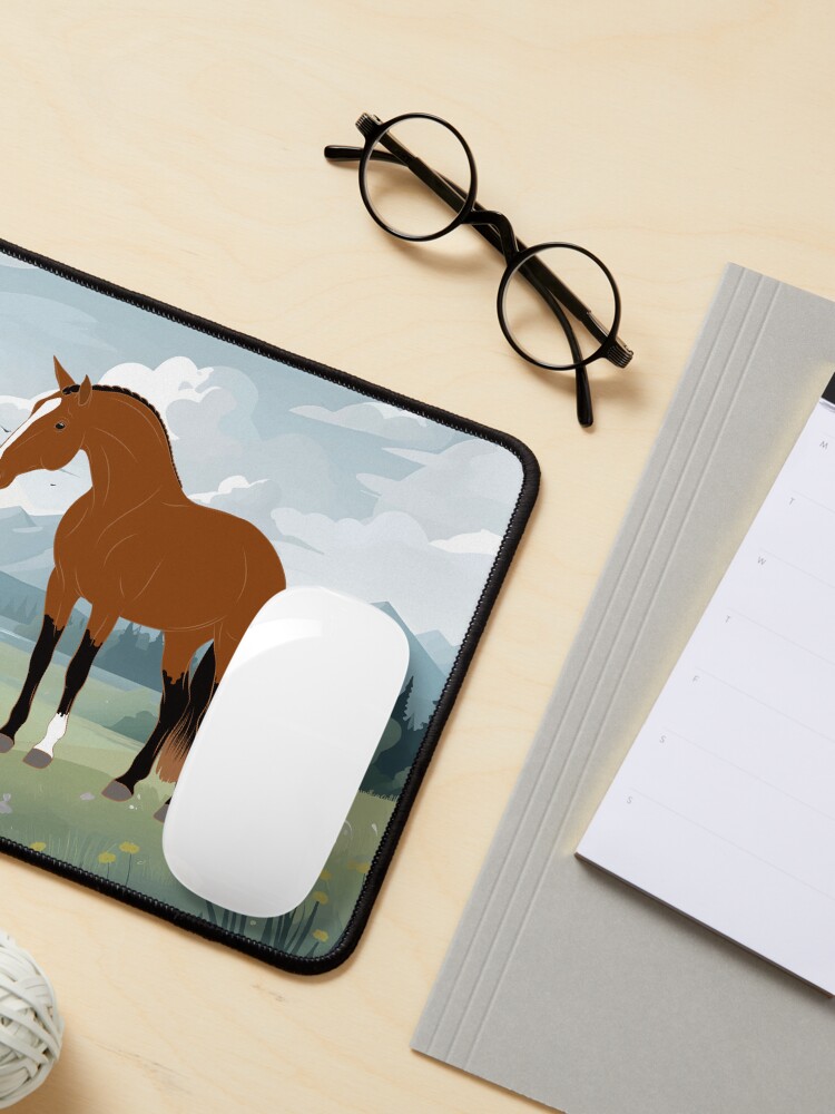 Aperçu 3 sur 5. Tapis de souris avec l'œuvre Cheval Alter Real, cheval bai sur un fond de paysage, cheval ibérique, races de chevaux du Portugal créée et vendue par WebEquitation.