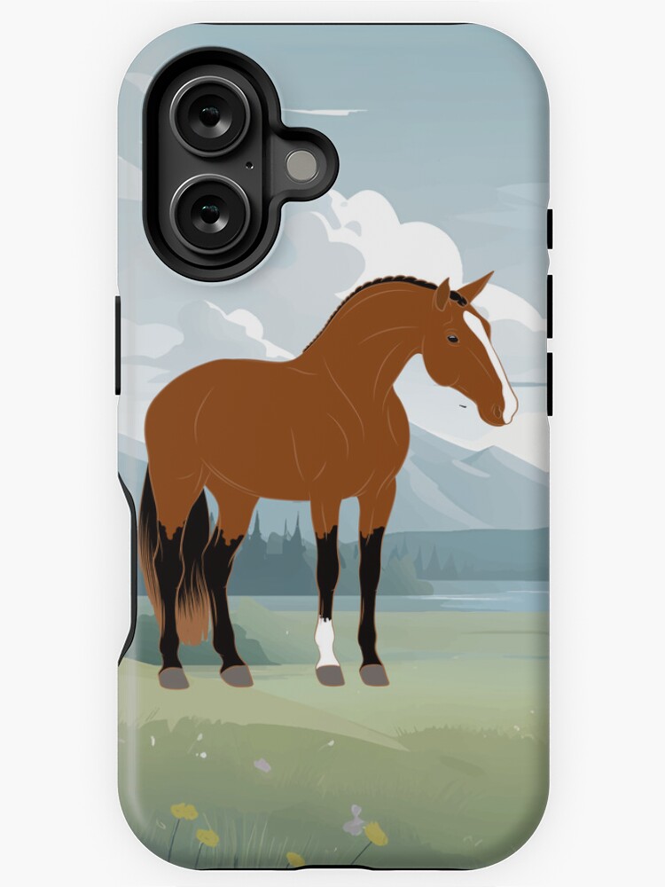 Aperçu 1 sur 4. Coque iPhone avec l'œuvre Cheval Alter Real, cheval bai sur un fond de paysage, cheval ibérique, races de chevaux du Portugal créée et vendue par WebEquitation.