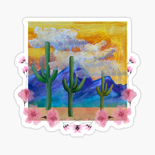 Item preview, Sketched Cacti and Watercolor Painted Mountains Collage, with Pink Desert Flowers and Sunshine designed and sold by Uplifting Vib'n Design and Decor .