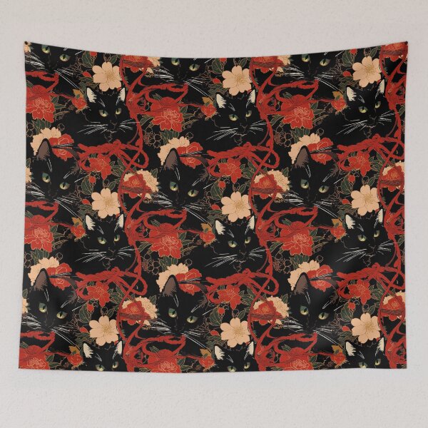 Item preview, Black Cat with Red Flower Pattern designed and sold by CalyCollab.