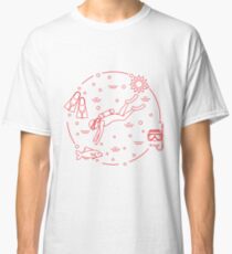 Mask, snorkel, flippers, sun, fish, scuba diver. Classic T-Shirt