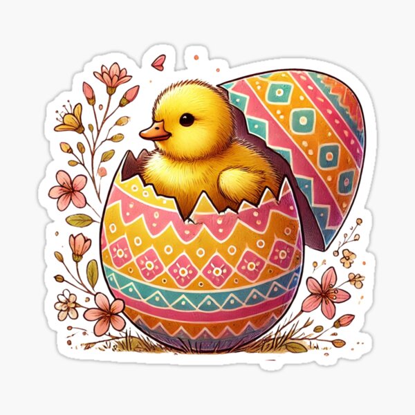 Vintage Easter Duckling in Decorated Egg Sticker