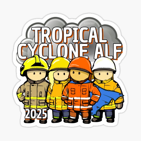 Vista previa del artículo con la obra «Pegatinas de despliegue del ciclón tropical Alf», diseñado y vendido por Flashover.