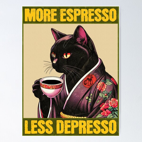 Item preview, More Espresso Less Depresso - Black - Funny Coffee Cat Vintage designed and sold by InkyGenies.