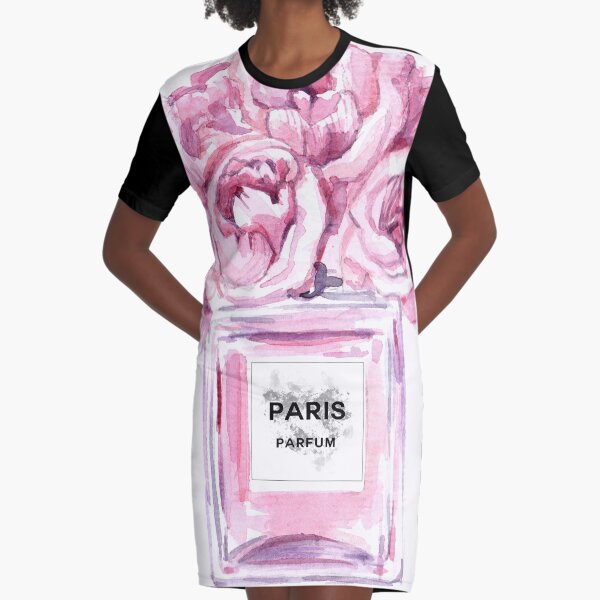 Perfume Bottle Watercolor Painting Hand Painted With Pink Flowers Graphic T-Shirt Dress