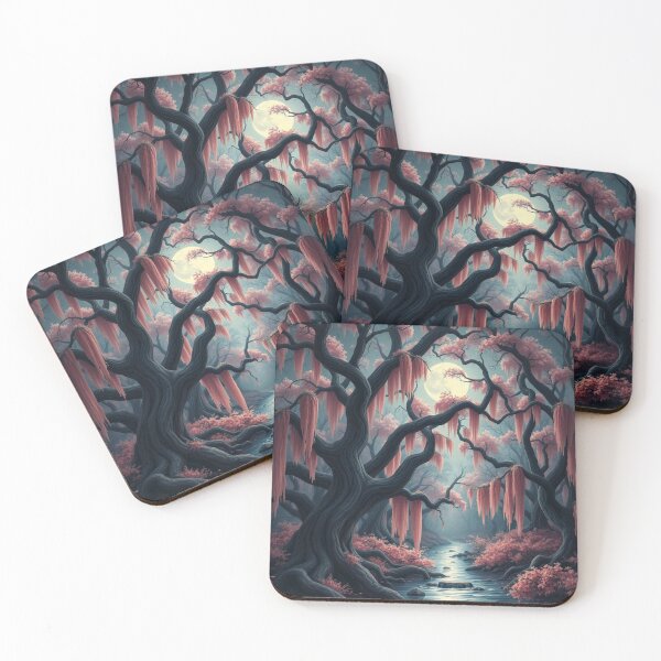 Beautiful Night Forest with Pink Spanish Moss Coasters (Set of 4)