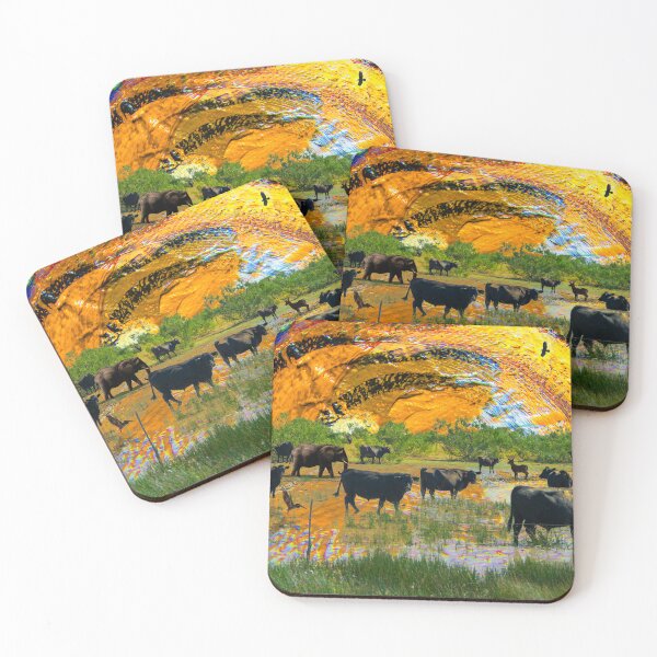 Item preview, Herd Cattle Bull Cows Deer Elephant Birds Flood Waters Sunset designed and sold by oz10.