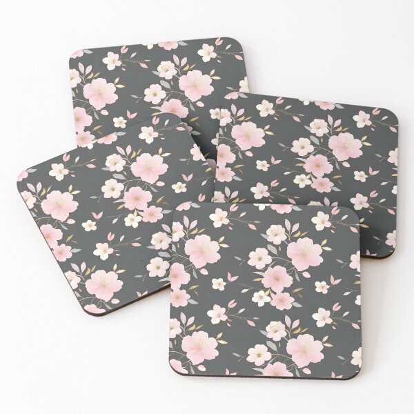 Item preview, Blossom Ballet: A graceful floral pattern unfolds, featuring a dance of delicate pink and cream blossoms, their petals softly contrasting against a dark backdrop. designed and sold by poppynasr.