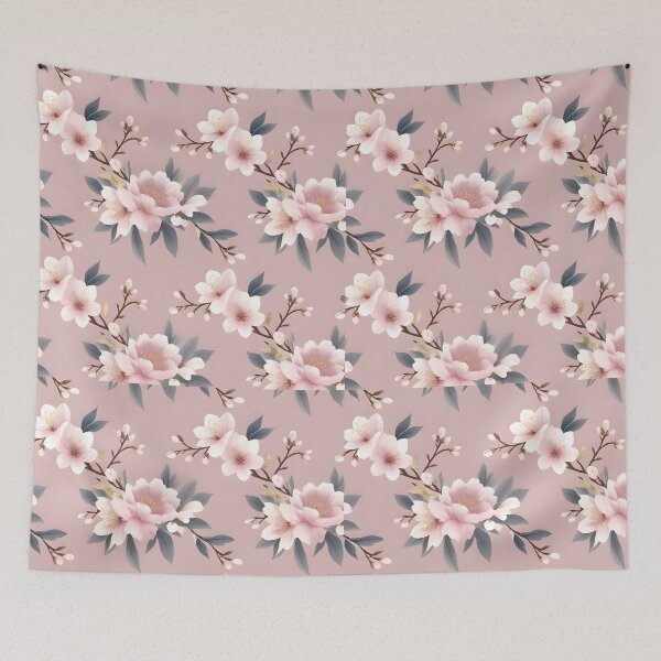 Item preview, Blossom Ballet: A graceful floral pattern unfolds, featuring a dance of delicate pink and cream blossoms, their petals softly contrasting against a dark backdrop. designed and sold by poppynasr.