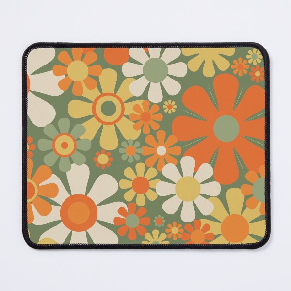 Item preview, Flower Market London Groovy Retro 60s 70s Floral in Mossy Sage Green Orange Yellow designed and sold by kierkegaard.