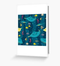 Decorative seamless pattern with sea fish on blue background. Greeting Card