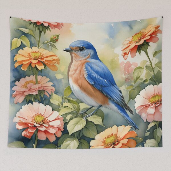 Item preview, Eastern Bluebird Among Vibrant Zinnias designed and sold by WaterBirdArt.