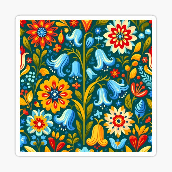 Aperçu de l'œuvre Fleurs de l'art populaire scandinave – Jacinthe des bois, marguerite et souci, nature et joie par heidiannemorris créée et vendue par FOLK ART FUSION by heidiannemorris.