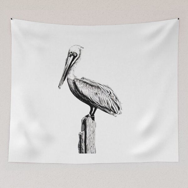 Item preview, Black and white picture of a Pelican perched on a weathered dock piling in Florida designed and sold by Alaskandreamer.