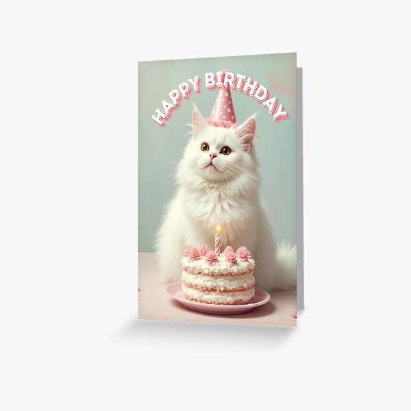 Item preview, Happy Birthday Fluffy White Cat designed and sold by BunnyzBling.