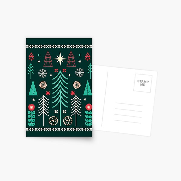 Aperçu de l'œuvre Salutation de style art populaire avec des arbres stylisés et des éléments festifs créée et vendue par Jdawnink.